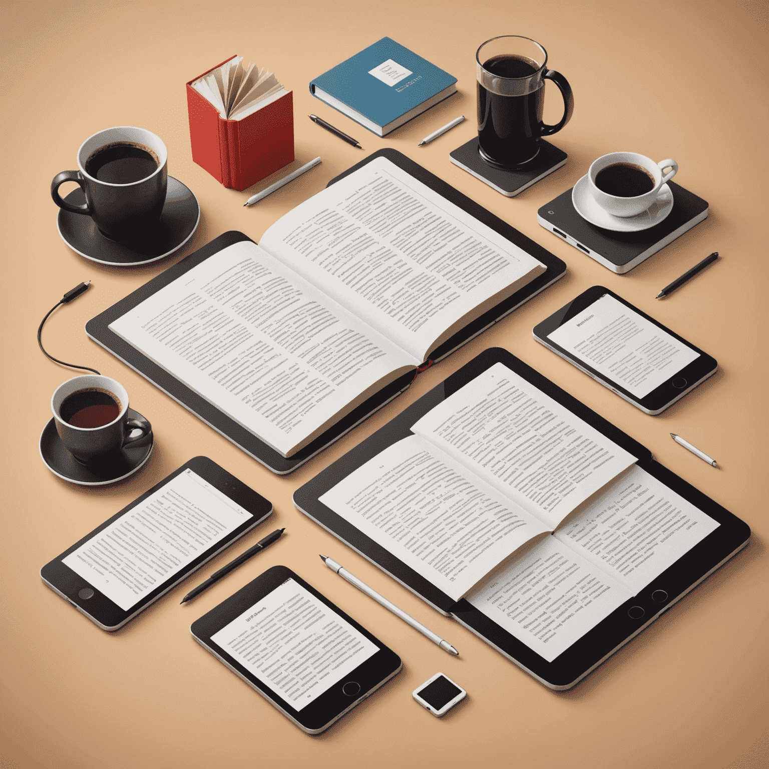 Illustration of various e-book formats and devices, showing the conversion process from physical books to digital formats