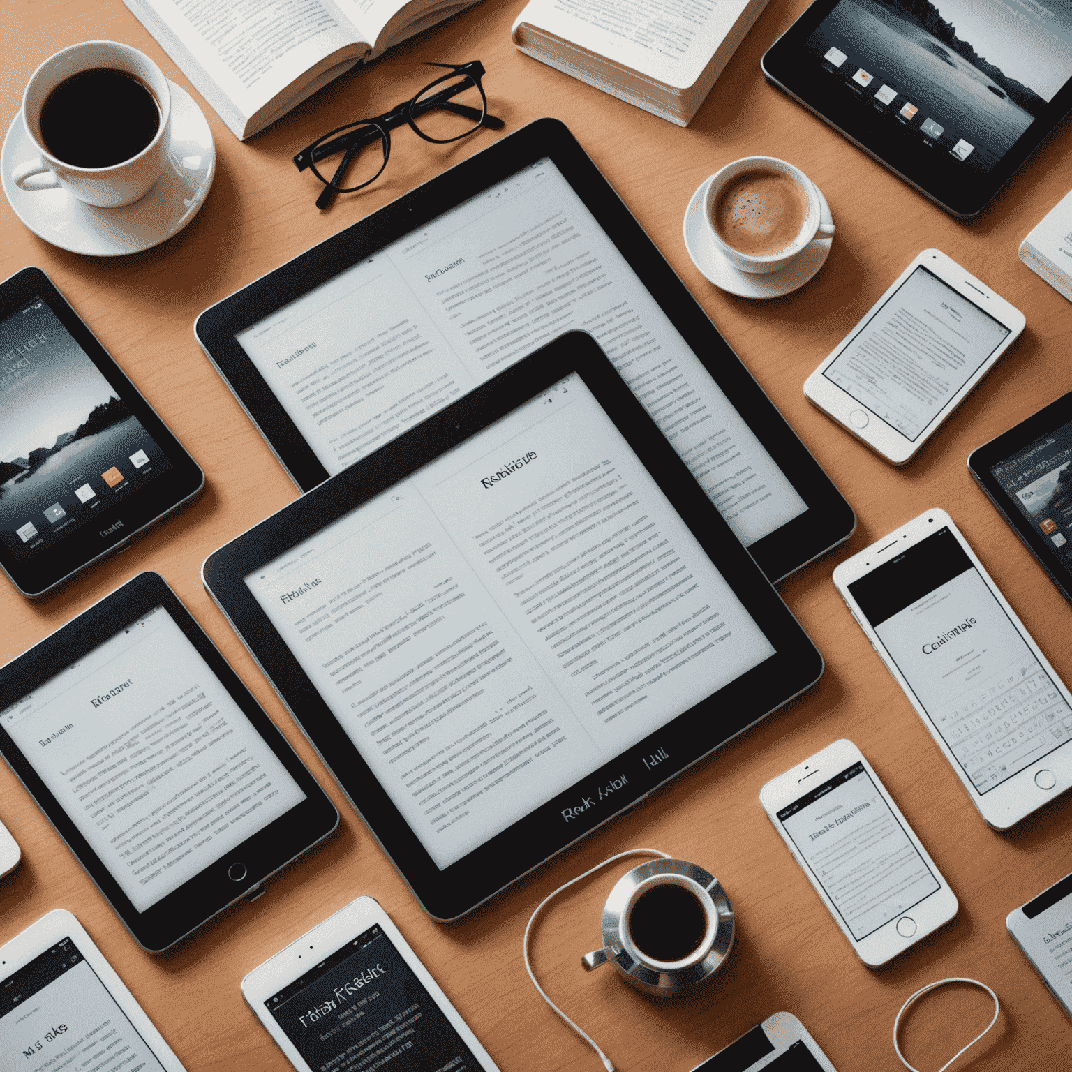 Various e-book readers displaying converted books, including tablets, e-ink devices, and smartphones. The image showcases different e-book formats like EPUB, MOBI, and PDF.