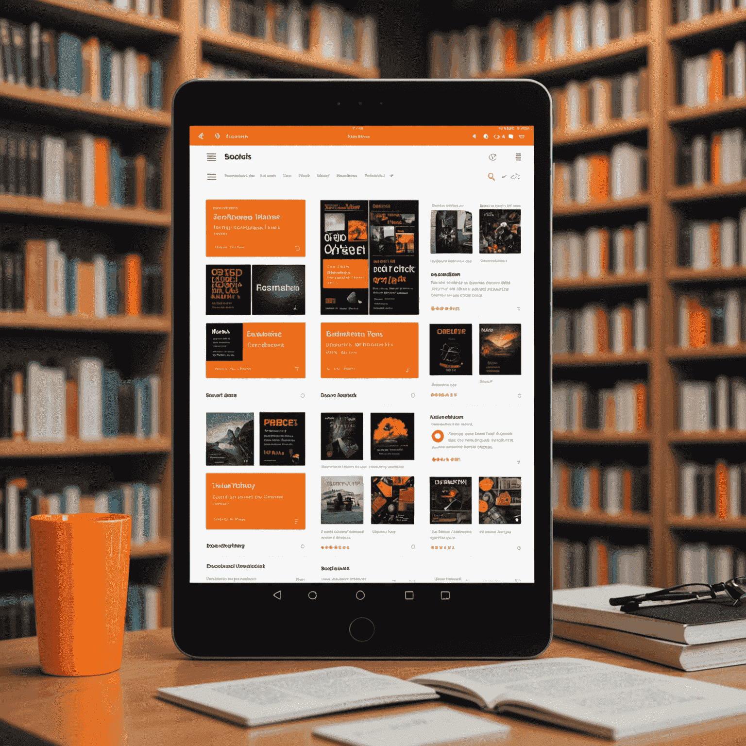 A digital library interface showcasing a collection of e-books, with neon orange accents and Calibre-style organization tools