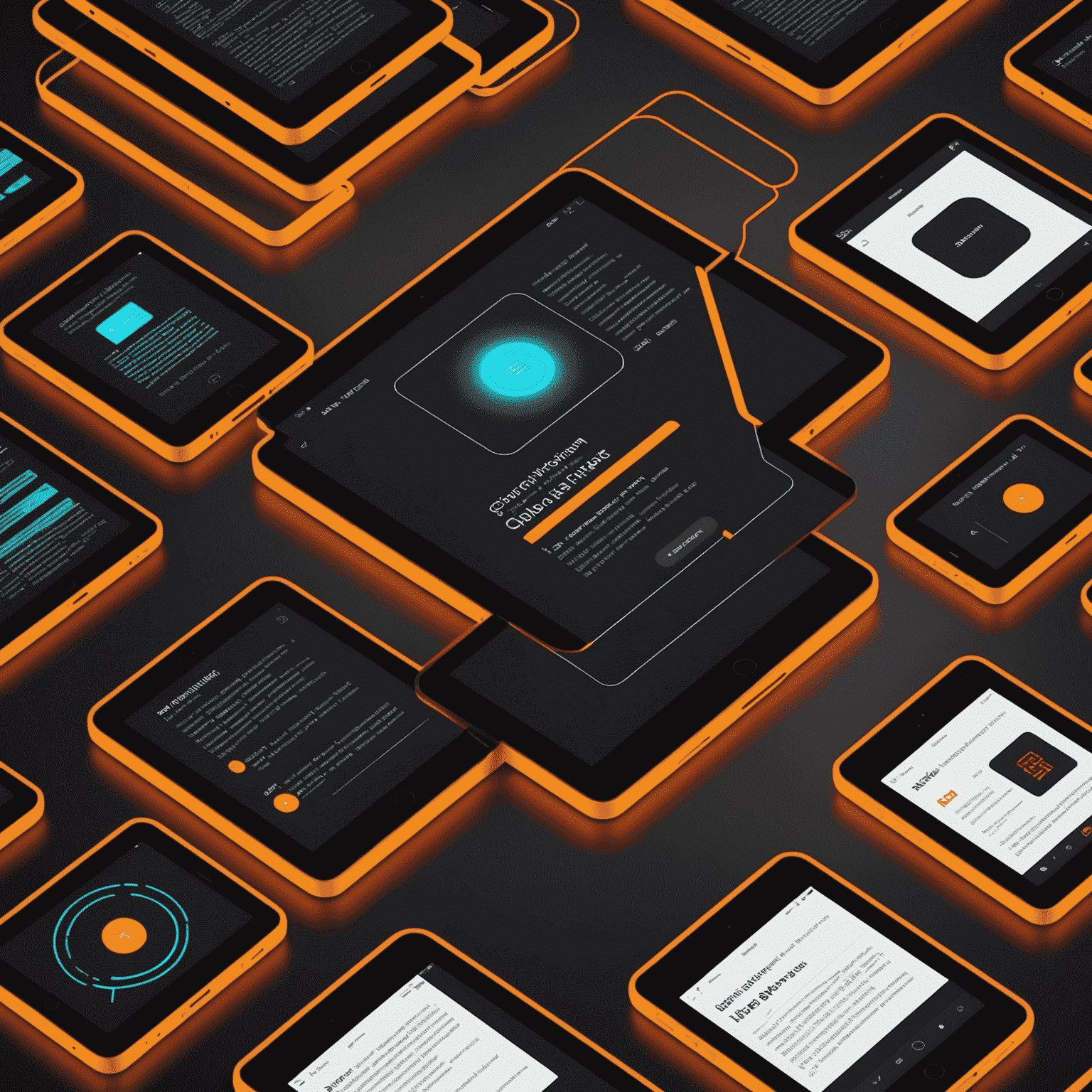 Multiple devices displaying synchronized e-book libraries with neon orange UI elements, reminiscent of Calibre's interface