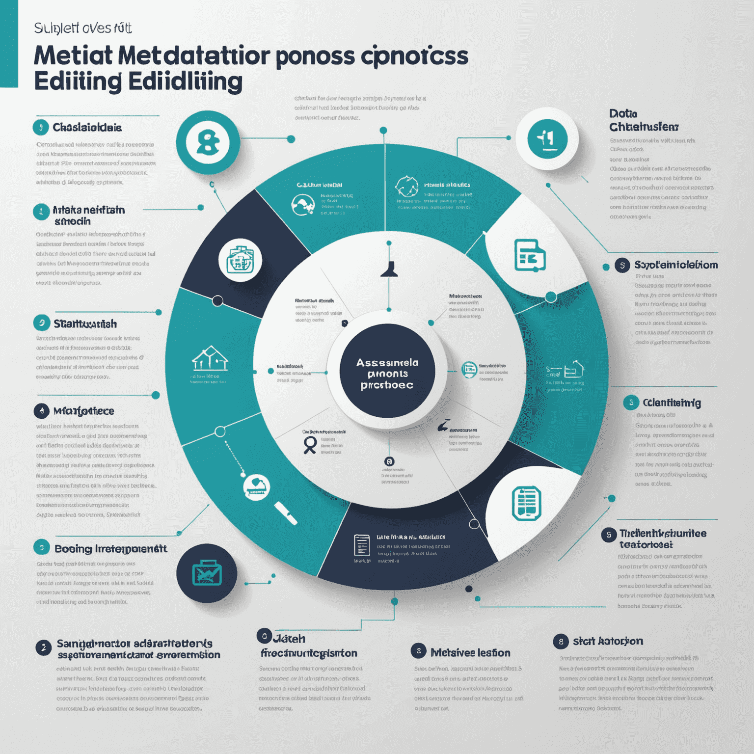 An infographic showing the steps of the metadata editing process: 1. Initial assessment, 2. Data collection, 3. Manual editing, 4. Quality check, 5. Calibre integration